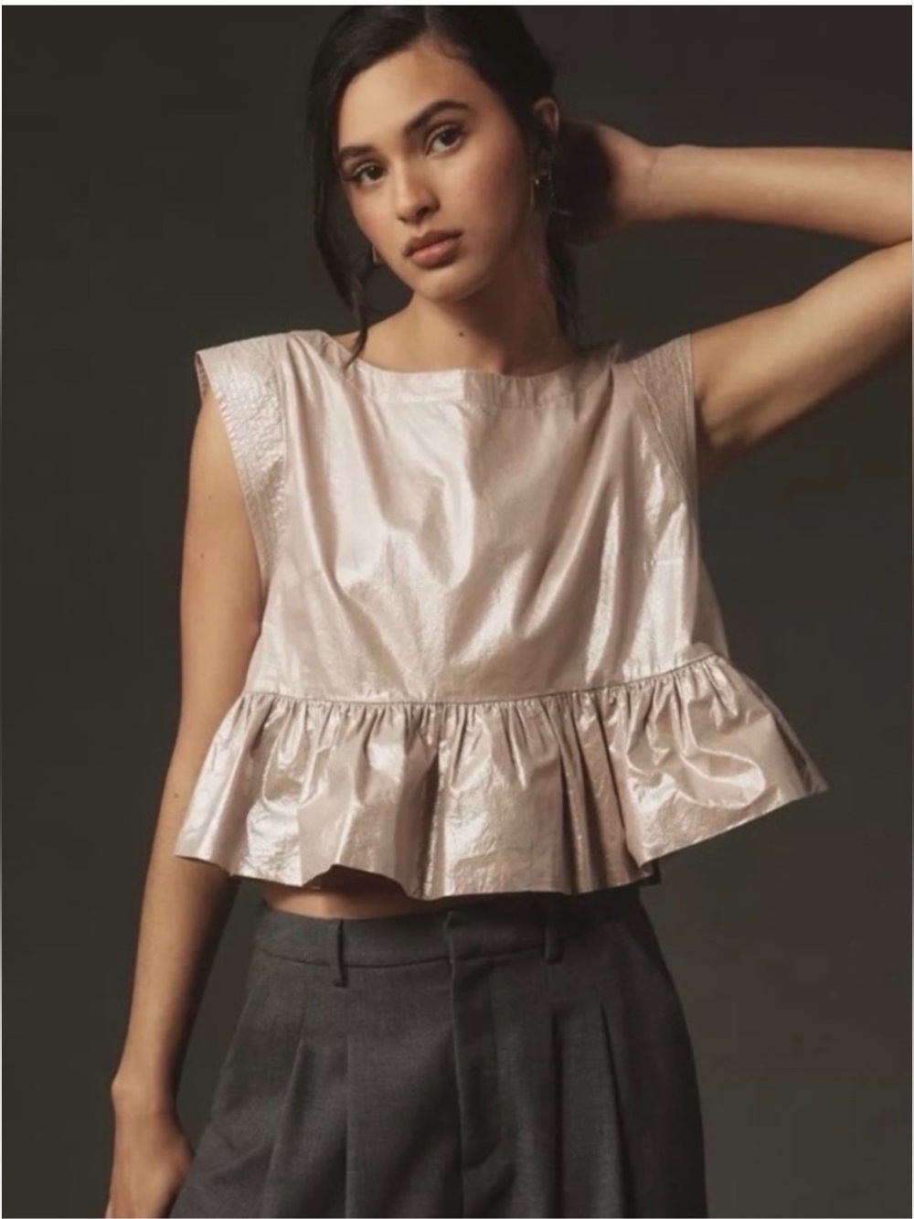 Anthropologie Metallic Rose
Peplum Top